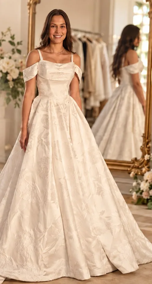 Illustration of a bride in an ivory jacquard ball gown in front of a gilded mirror